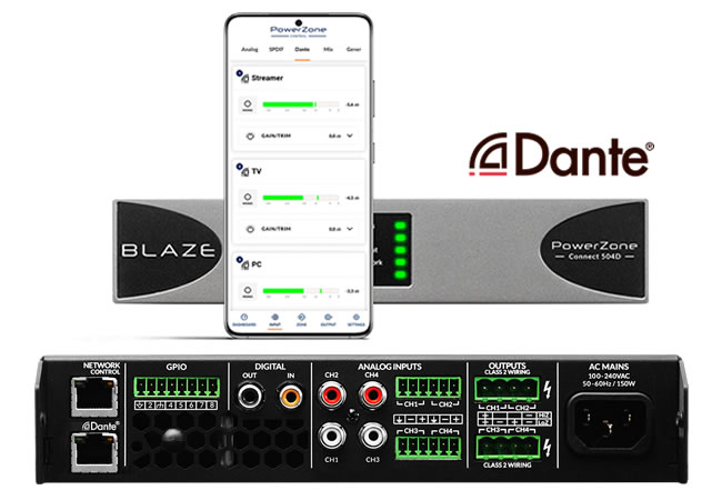 500 W DSP-enabled Class-D amplifier with 4 channels and Dante